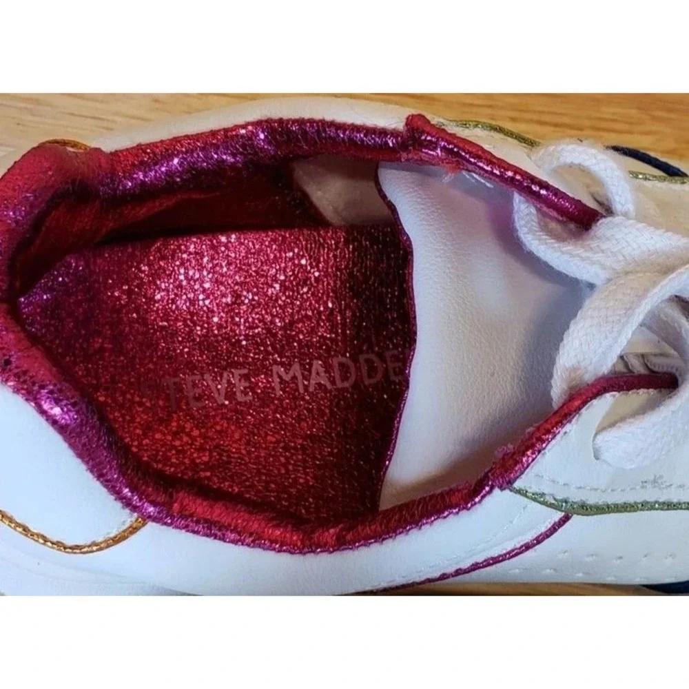 Steve Madden Girls White Platform Sneakers Rainbow Metallic Trim Size 4 Youth